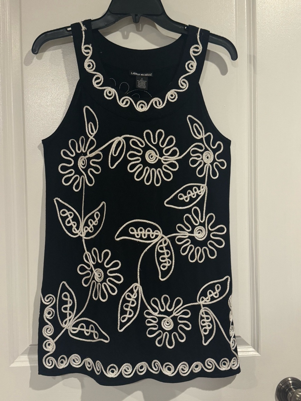 Lauren Michelle Black White Gold Metallic Soutache Embroidered sleeveless blouse